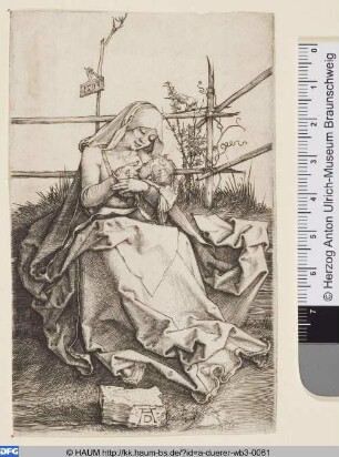 Maria auf der Rasenbank, das Kind stillend