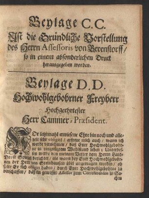Beylage D.D. Hochwohlgebohrner Freyherr Hochgeehrtester Herr Cammer-Praesident