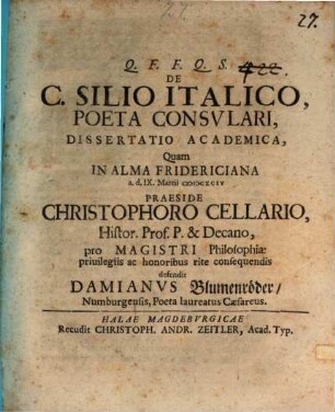 De C. Silio Italico, Poeta Consulari, Dissertatio Academica