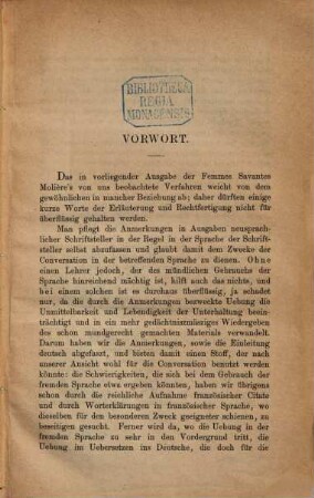 Les femmes savantes comédie de J. B. de Molière, mit einer Einleitung and erklärenden Anmerkungen herausgegeben von C. Th. Lion