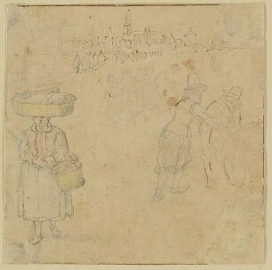 Zum Markt gehende Bäuerin, im Hintergrund eine Stadt, rechts zwei Männer