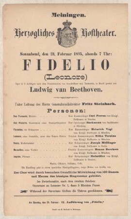 Theaterzettel zur Aufführung der Oper "Fidelio. von Ludwig van Beethoven" in der Spielzeit 1894/95 des Herzoglichen Hoftheaters in Meiningen.