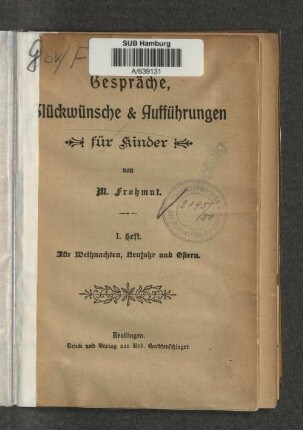 H. 1: Für Weihnachten, Neujahr und Ostern