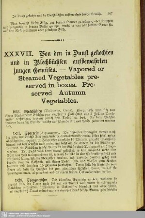 XXXVII. Von den in Dunst gekochten und in Blechbüchsen aufbewahrten jungen Gemüsen. - Vapored or Steamed Vegetables preserved in boxes. Preserved Autumn Vegetables