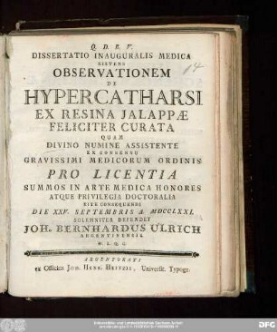 Dissertatio Inauguralis Medica Sistens Observationem De Hypercatharsi Ex Resina Jalappæ Feliciter Curata