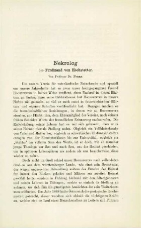 Nekrolog des Ferdinand von Hochstetter.