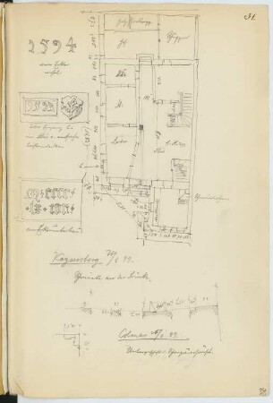 Wohnhaus An der Brücke, Kaysersberg: Grundriss, Details (aus: Skizzen- und Fotoalbum 16)