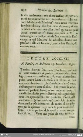 Lettre CCCCLXII. A Paris, ce Mécredi 23. Octobre, 1680