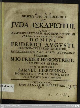 Dissertatio Philologica De Iuda Iskariti