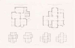 Wohnhaus Bode, Berlin-Charlottenburg. Wohnhaus v. Wilke, Berlin-Charlottenburg: Grundriss Keller, EG, 1.OG, Ansicht, Schnitte, Details Magazin, Grundriss, Ansichten, Schnitte Abortgebäude, Details Dreherei (aus: Atlas zur Zeitschrift für Bauwesen, hrsg. v. F. Endell, Jg. 37, 1887)