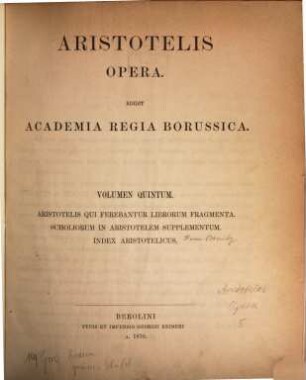 Aristotelis opera, 5. Aristotelis qui ferebantur librorum fragmenta