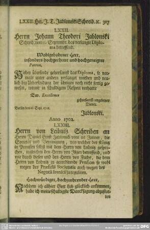 LXXIII. Herrn von Leibnitz Schreiben an Herrn Daniel Ernst Jablonski vom 26 Jenner, ...