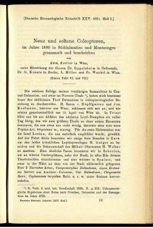 Neue und seltene Colcopteren, im Jahre 1880 in Süddalmatien und Montenegro gesammelt und beschrieben