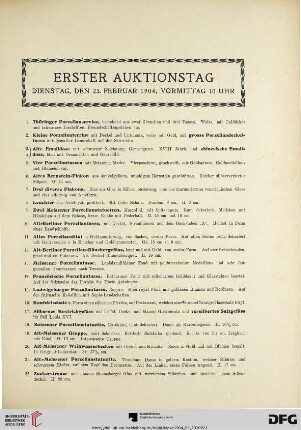 Erster Auktionstag: Dienstag, den 23. Februar 1904, vormittag 10 Uhr (Nr. 1-181)