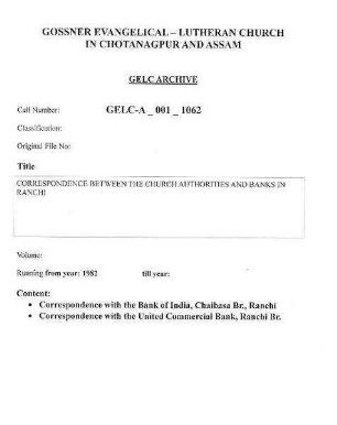 CORRESPONDENCE BETWEEN CHURCH AUTHORITIES & BANKS IN RANCHI