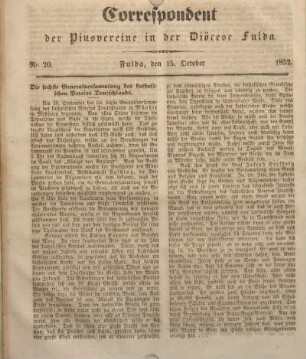 Nr. 20. Fulda, den 15. October 1852.