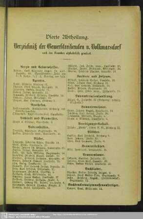 Vierte Abtheilung. Berufsklassen und Gewerbebetriebe : Vierte Abtheilung. Verzeichniß der Gewerbtreibenden v. Volkmarsdorf