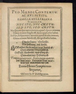 Pro Mundi Contemtu: Ac Aevi Petitu, Familiae Hyllerianae Symbolum.