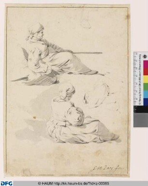 Zwei Studien von am Boden sitzenden Bäuerinnen, Studie eines Arms und eines Fußes