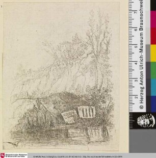[Landschaft mit Angler am Flussufer]