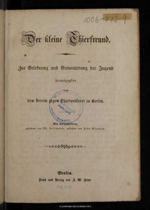 Der kleine Thierfreund : Zur Belehrung und Ermunterung der Jugend