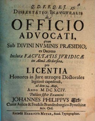 Dissertatio Inauguralis de Officio Advocati