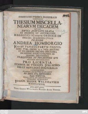 Dissertatio Jvridica Inavgvralis Continens Thesium Miscellanearvm Decadem
