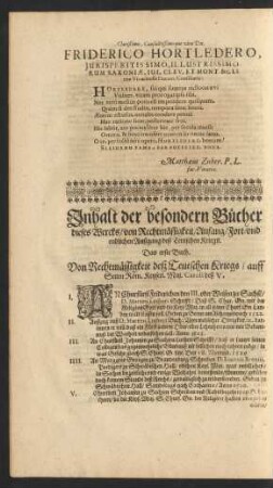 Inhalt der besondern Bücher dieses Wercks/ von Rechtmässigkeit/ Anfang/ Fort- und endlichen Außgang deß Teutschen Kriegs.