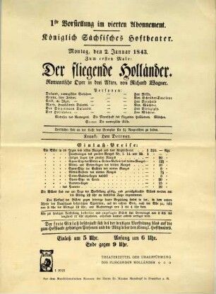 Theaterzettel der Uraufführung des FLIEGENDEN HOLLÄNDER