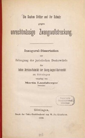 Die Sachen Dritter und ihr Schutz gegen unrechtmässige Zwangsvollstreckung