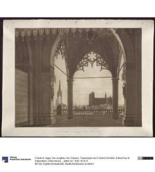 Die Jungfrau von Orleans. Trauerspiel von Friedrich Schiller. Entwurf zur 8. Dekoration. Gotische Halle mit Blick auf Reims