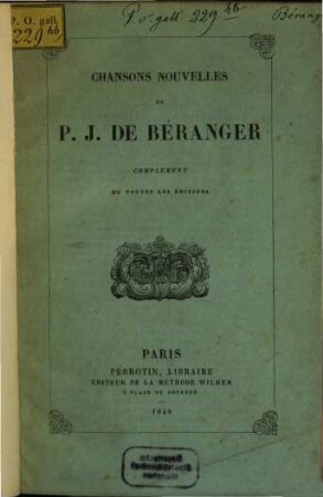 Chansons nouvelles de P. J. de Béranger : complément de toutes les éditions