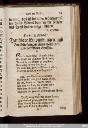 Die vierte Andacht. Dankbare Empfindungen und Entschliessungen eines gläubigen und getrösteten Christen.