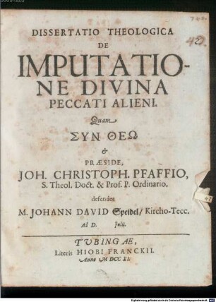 Dissertatio Theologica De Imputatione Divina Peccati Alieni