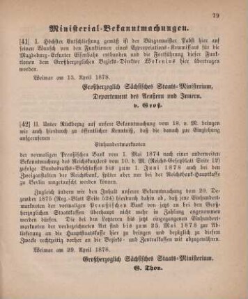 42. Ministerial-Bekanntmachung, die Einziehung von Einhundertmarknoten der vormaligen Preußischen Bank betreffend