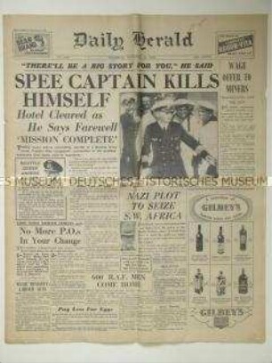 Britische Tageszeitung "Daily Herald" u.a. über den Selbstmord des Kapitäns Langsdorff nach dem Sinken des Kriegsschiffes "Admiral Graf Spee"
