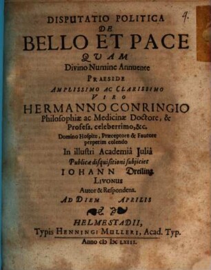 Disputatio Politica De Bello Et Pace