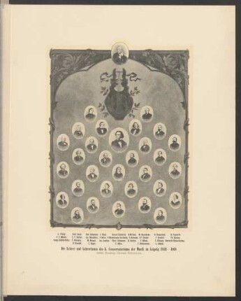 [Bildnis Conrad Schleinitz, Louis Plaidy, Ferdinand David, Robert Schumann, Julius Rietz, Niels Wilhelm Gade, Moritz Hauptmann, Raimund Dreyschock, Robert Papperitz, E. F. Wenzel, Ernst Friedrich Eduard Richter, Ignaz Moscheles, Ferdinand von Hiller, Felix Mendelssohn Bartholdy, Carl Reinecke, Carl Ferdinand Becker, Franz Brendel, Thomas Coccius, Fanny Schäfer-Hofer, Friedrich Hermann, Moritz Gotthold Klengel, Joseph Joachim, Clara Schumann, R. Sachse, Franz Magnus Böhme, Engelbert Röntgen, Henriette Bünau-Grabau, Karl Ju. Davydov, Emil Hegar, Franz Götze, Friedrich Grützmacher, Louis Lübeck] : Die Lehrer und Lehrerinnen des k. Conservatoriums der Musik zu Leipzig 1843-1868 : nebst Director Conrad Schleinitz