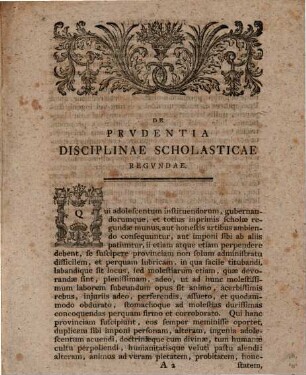 Prolusio de prudentia disciplinae scholasticae regundae
