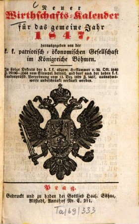 Neuer Wirthschafts-Kalender : für das gemeine Jahr .... 1847