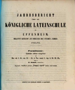 Jahresbericht über die Königliche Lateinschule in Uffenheim für das Schuljahr .... 1867/68