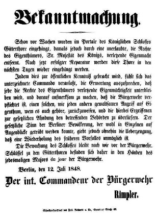 Bekanntmachung. Schon vor Wochen wurden im Portale des Königlichen Schlosses Gitterthore eingehängt, [...]