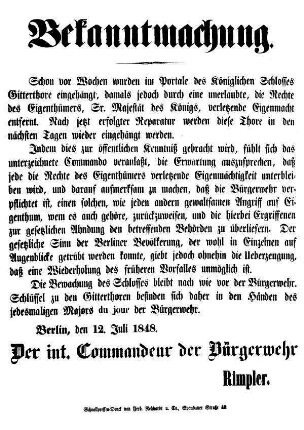 Bekanntmachung. Schon vor Wochen wurden im Portale des Königlichen Schlosses Gitterthore eingehängt, [...]