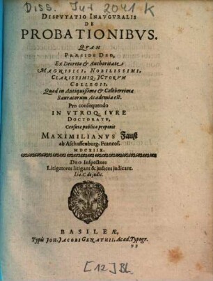 Dispvtatio Inavgvralis De Probationibvs