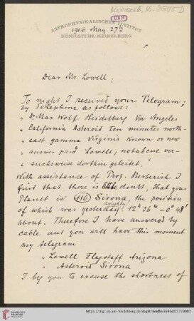 Brief von Max Wolf an Percival Lowell
