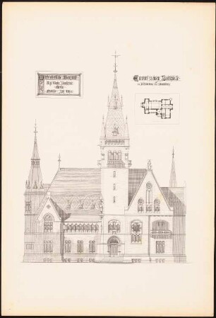 Jagdschloss: Grundriss, Ansicht (aus: Mittelalterliche Baukunst. Entwürfe von den Studierenden der Königl. Techn. Hochschule zu Berlin, hrsg.v. Johannes Otzen 1879/80)
