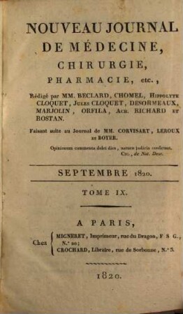Nouveau journal de médecine, chirurgie, pharmacie. 9, 9. 1820