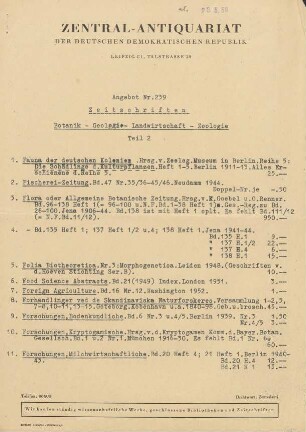 Nr. 239: Zeitschriften Teil 2: Botanik, Geologie, Landwirtschaft, Zoologie