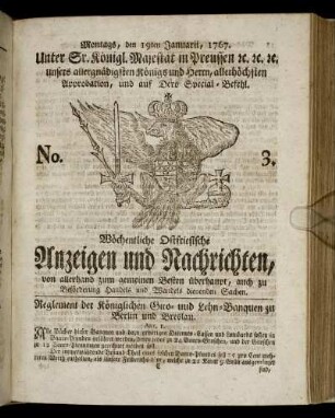 No. 3. Montags, den 19ten Januarii, 1767.
