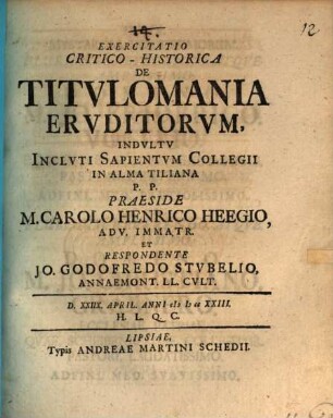 Exercitatio Critico-Historica De Titvlomania Ervditorvm